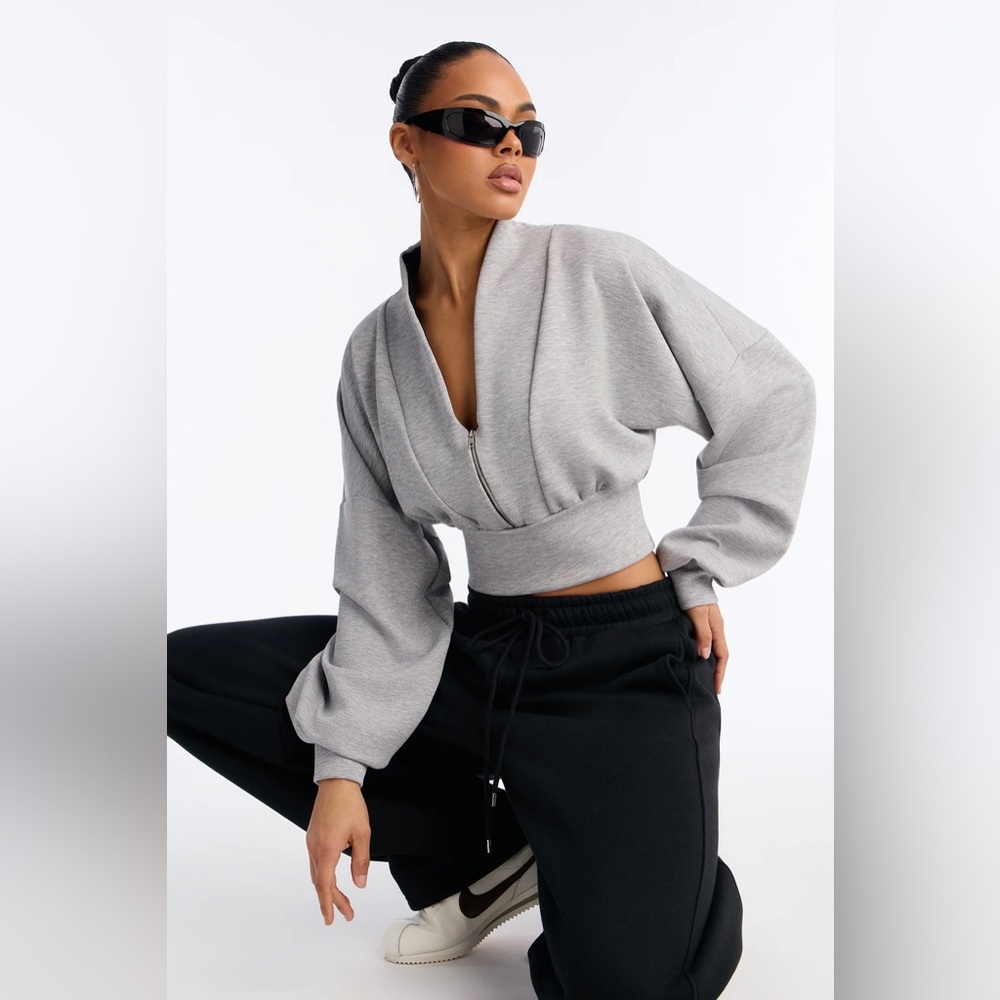 Women's Gray Zip-Front Cropped Sweatshirt